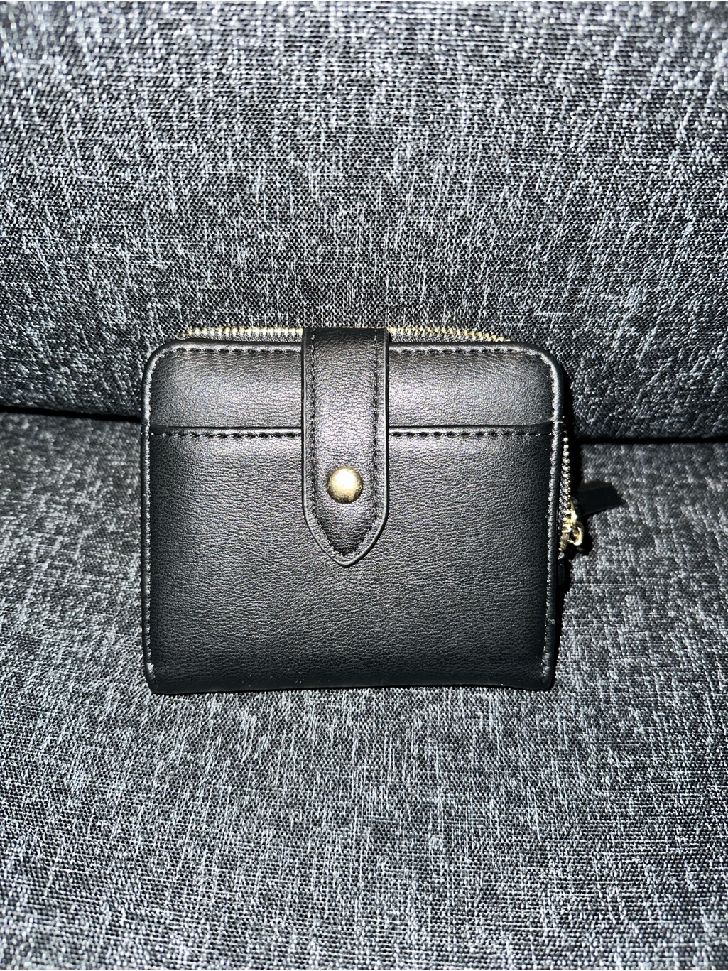 Black Leather Compact Wallet With Snap Closure